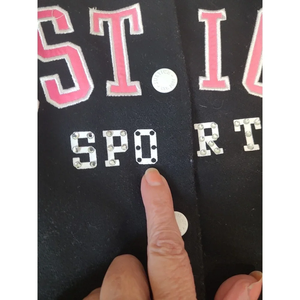 Justice Sport Girls SZ S (7/8) Varsity Style Jacket black white pink accent prep